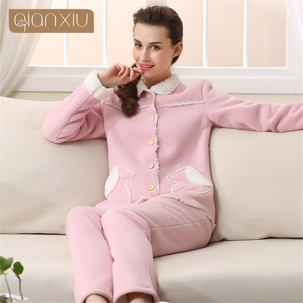 Qianxiu Brand Winter Thermal Thick Women Pajamas Sets Cashmere Home