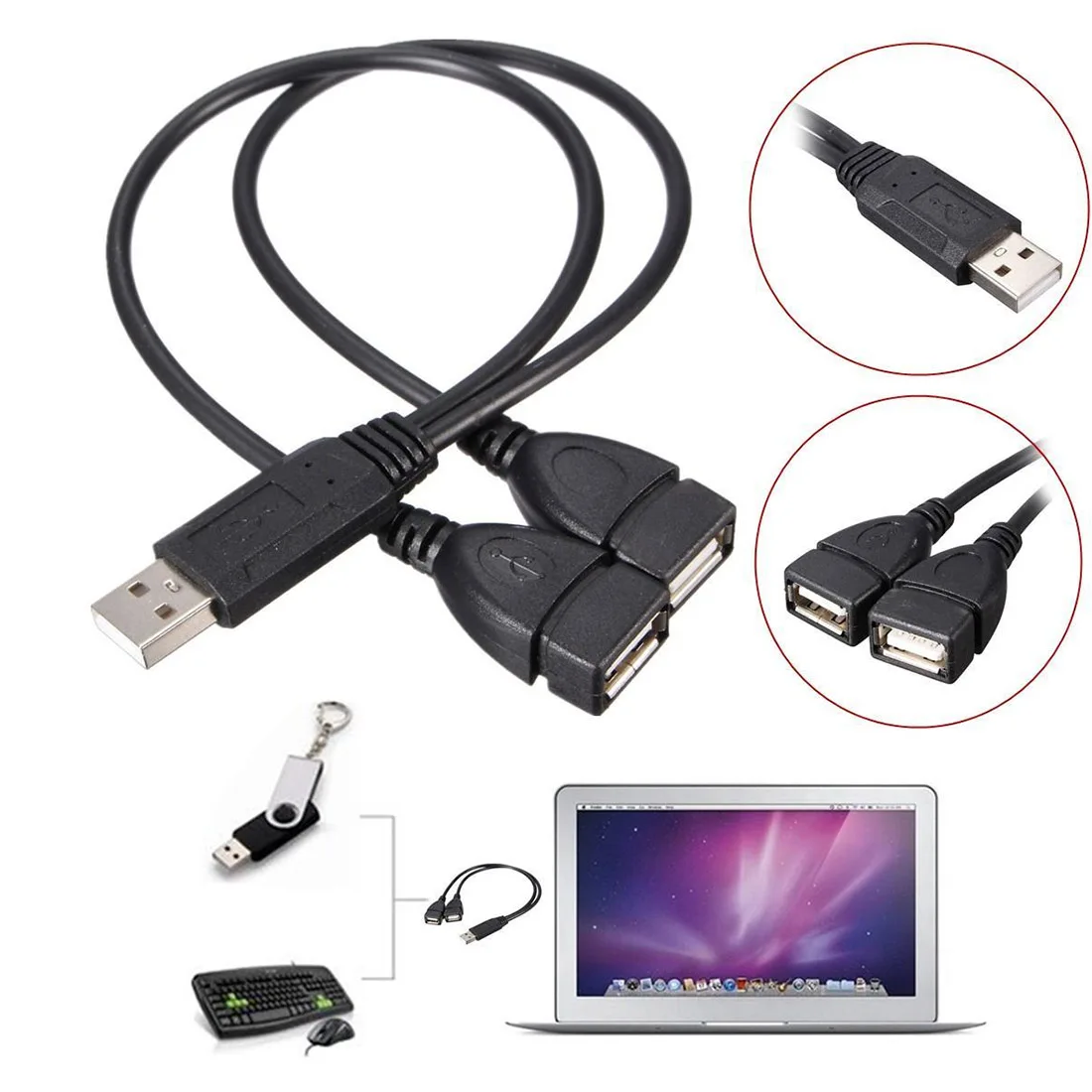 

Cable Adapter Y Splitter Hub USB 2.0 A Male To Dual Female Jack Power Data Connector for Laptop PC Smartphone
