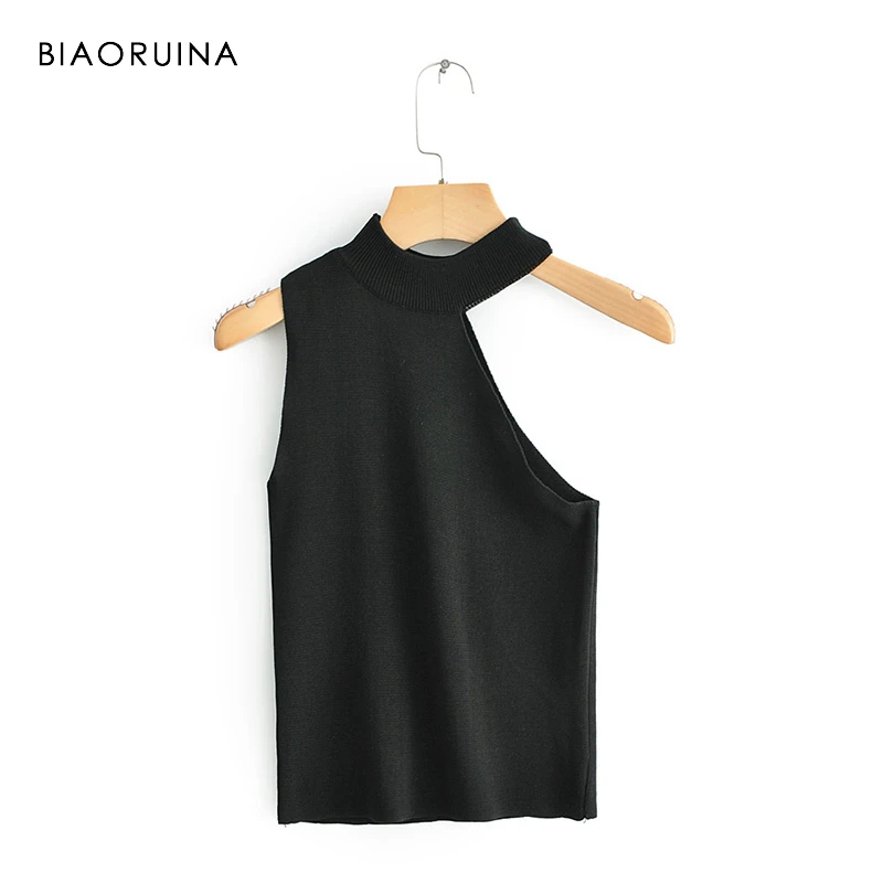 

BIAORUINA Womensexy Irregular Hallow Out Sleeveless Knitted T-shirt O-neck Female Slim Solid Casual Off The Shoulder Tees Tops
