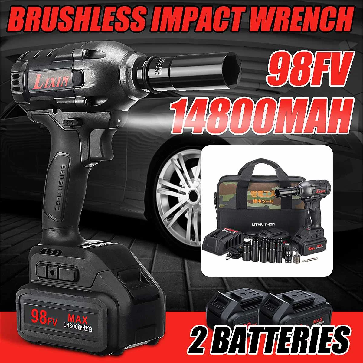 

98VF Cordless Electric Screwdriver Impact Drill Socket 1/2'' Rechargeable Li-on Battery for Car Tire Repair Wrench Power Tools