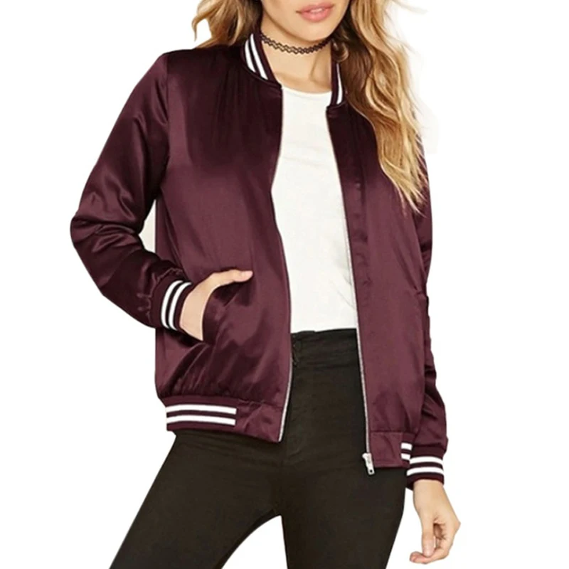 TANGNEST Slim Autumn Bomber Jacket Women Fashion Wine Red Striped
