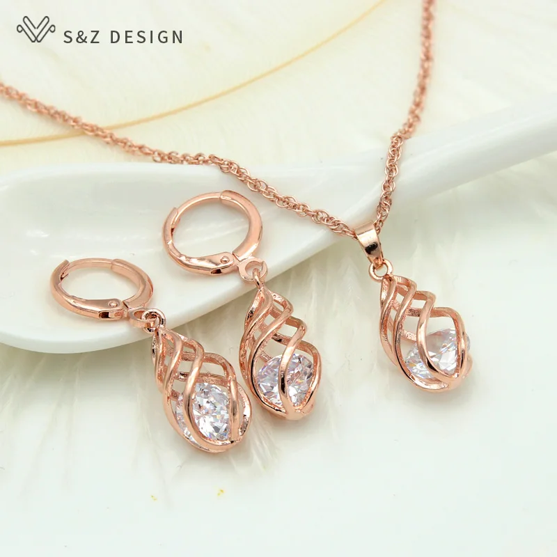 S&Z Spiral Hollow Water Drop Dangle Drop Zircon Earrings 585 Rose Gold Color Jewelry Set For Women Gift Anti-allergy Eardrop - Image 6