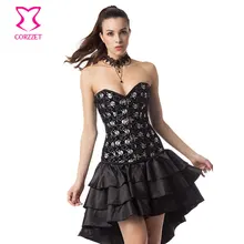 Burlesque Skull Pattern Pirate Costume Women Cosplay Black Overbust Gothic Swallowtail Corset Dress Steampunk Clothing