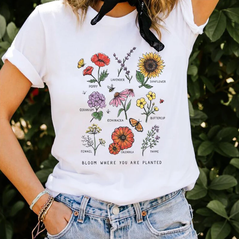 Bloom Where You Are Planted T-shirt Sunflower Aesthetic Women Tshirt Save The Bees Cotton Tees Girl Ulzzang Tops Drop Shipping