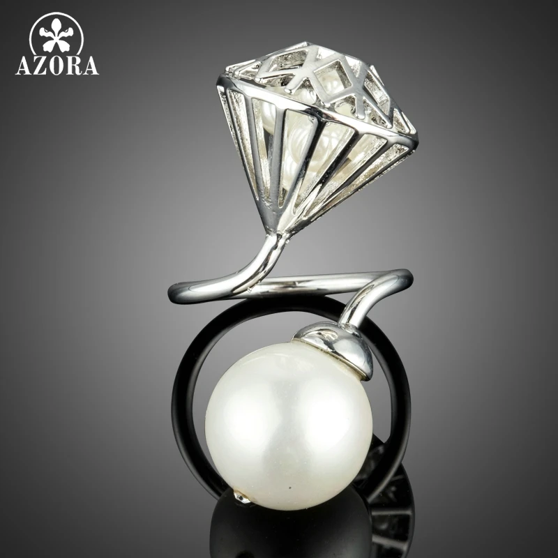 AZORA Big Imitation Pearl with Hollow Stone Net Filled with Tiny Pearls Adjustable Size Rings TR0168