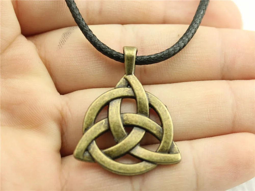 WYSIWYG fashion 2 colors antique bronze, antique silver tone Triquetra Symbol pendant leather chain necklace