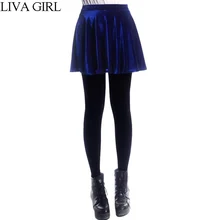 ЛИВА девушки горячие продажи Для женщин бархат юбка плиссе Юбки для женщин Для женщин S Высокая Талия Sexy глубокий синий черного цвета, цвета красного вина