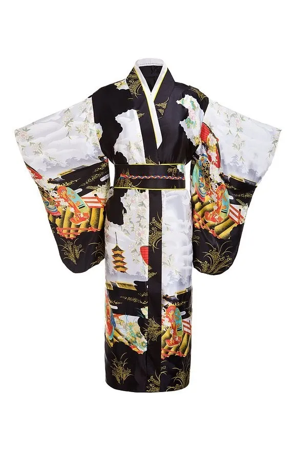 Черный женский традиционный японский кимоно юката с цветами Obi винтажное вечернее платье косплей костюм один размер