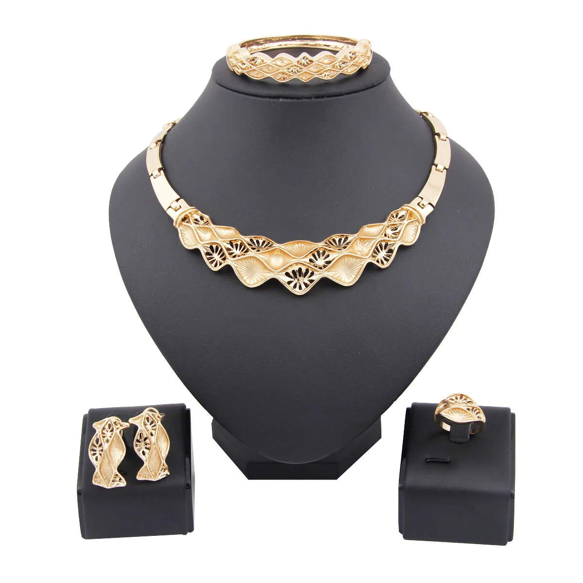 

Liffly Fashion Women Gold Jewelry Wave Hollow Necklace Earrings African Beads Jewelry Set Ethiopia Bride Jewelry Accessories