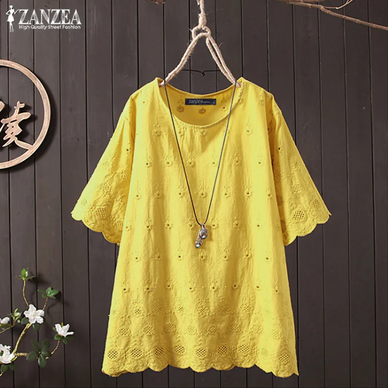 Повседневная Туника с вышивкой, женские летние рубашки ZANZEA 2019, винтажные топы с круглым вырезом, элегантные блузы с коротким рукавом