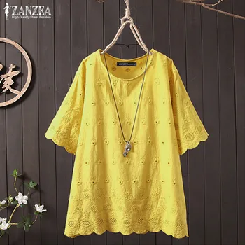 

Casual Embroidery Tunic Women's Summer Shirts ZANZEA 2020 Vintage Hollow O Neck Tops Elegant Short Sleeve Blusas Woman Loose Top