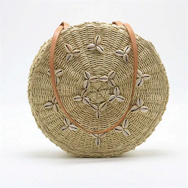 Круглая Соломенная пляжная сумка, летняя тканая сумка ручной работы, сумка на плечо для девочек, круглая плетеная Сумка из ротанга с застежкой-молнией