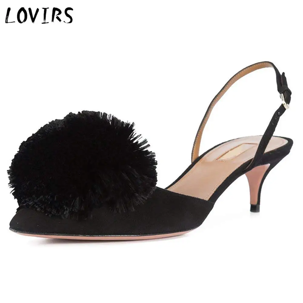 

Lovirs Pumps for Women,Puff Pompom Kitten Heels Blue Pointed Toe Slingback Pumps Low Heel Sandals Evening Party Wedding Shoes