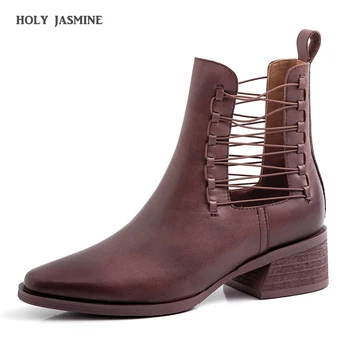 

2019 Retro Western Boots Cowboy Boots for Women Pointy Toe Leather Ankle Boots for Women Cowgirl Boots Square Heels Shoes Woman