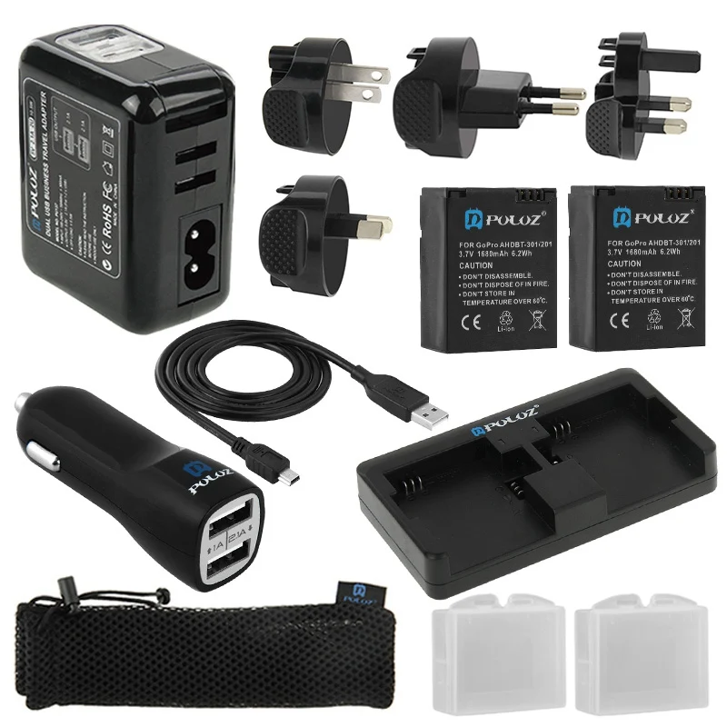 PULUZ PKT07 Car Charger Battery Case Charging Set for GoPro Hero 3 Plus / 3 with 2 Battery and USB Cable Battery Charger