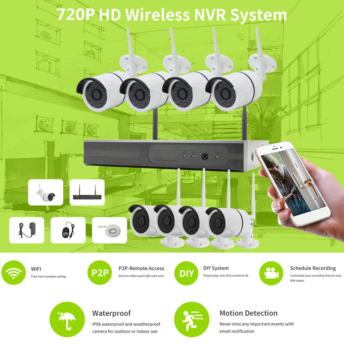 

8CH 720P Wireless WIFI NVR Outdoor CCTV Security Night Vision IP Camera Realtime Routine Event Aluminum Alloy Black