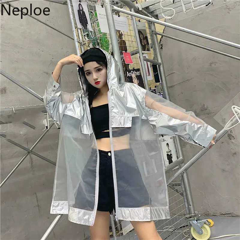 

Neploe Harajuku Silver Sunscreen Jacket 2019 Summer Long Sleeve Hooded Coat Women Perspective Patch Medium-long Jackets 52711