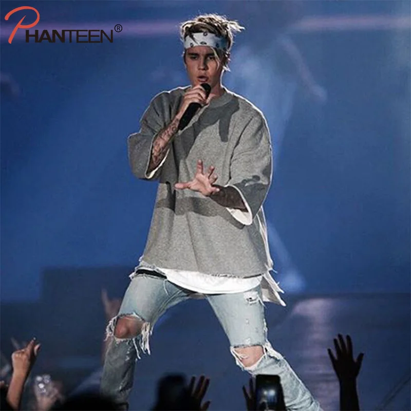 Kanye Justin Bieber Man Solid Color Sweatshirts Oversize Three Quarter Sleeve Hoodies Both Sides Can Wear Fashion Men Clothing