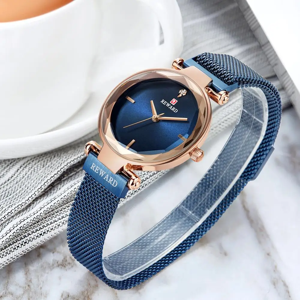 

REWARD Top Brand Luxury Blue Rose Golden Women Watches Quartz Ultra-thin Mesh Strap Crystal Iced Out Ladies Watch Reloj Mujer