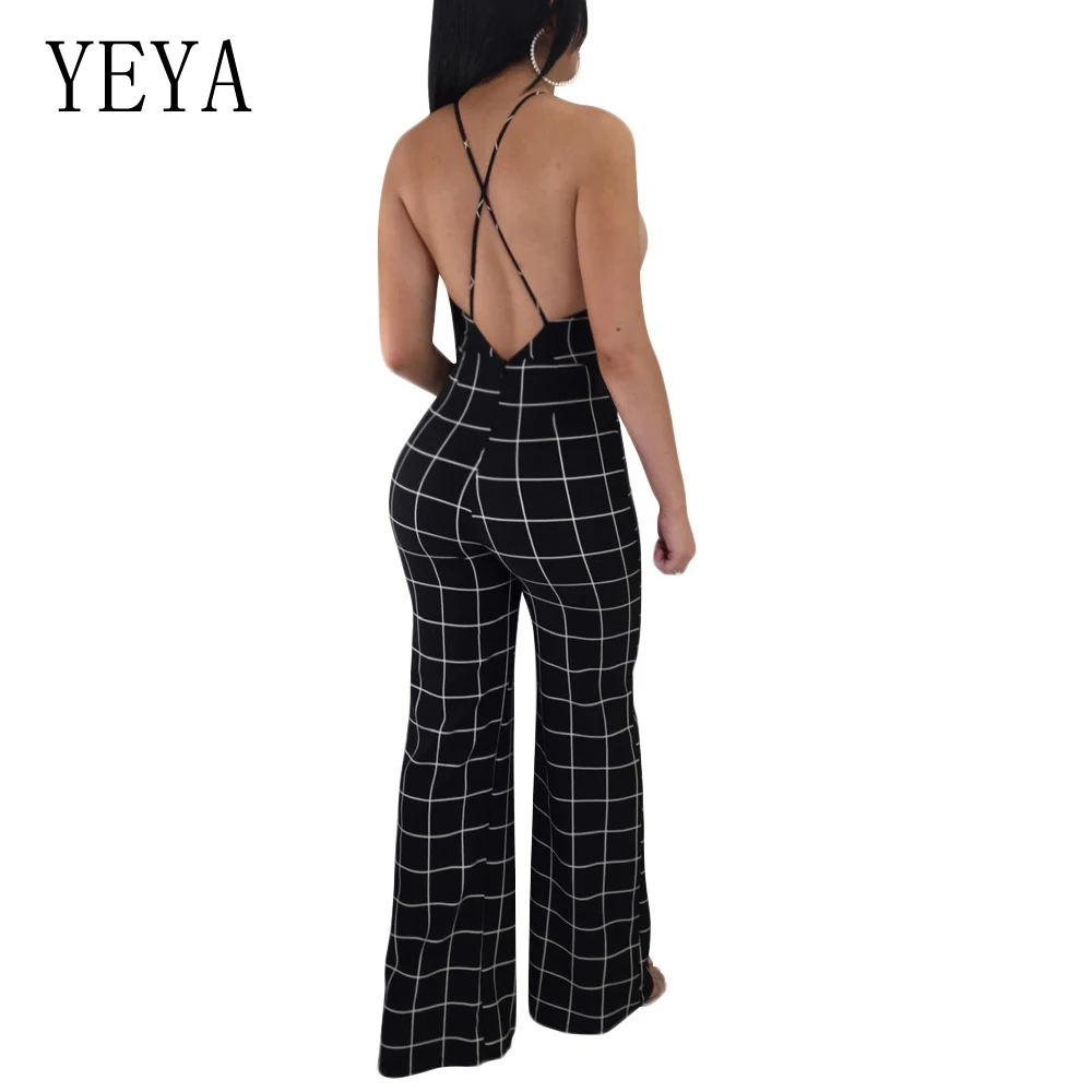 YEYA Summer Sleeveless Strap Backless Long Jumpsuits Women Plus Size Boot Cut Jumpsuit Casual Sexy Elegant Plaid Mujer Jumpsuits