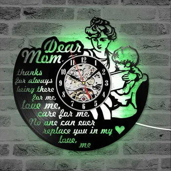 

Happy Mother's Day Theme Vinyl Record Wall Clock Silent Decorative LED Clock Handmade Hanging Record Clocks Best Gift for Mom