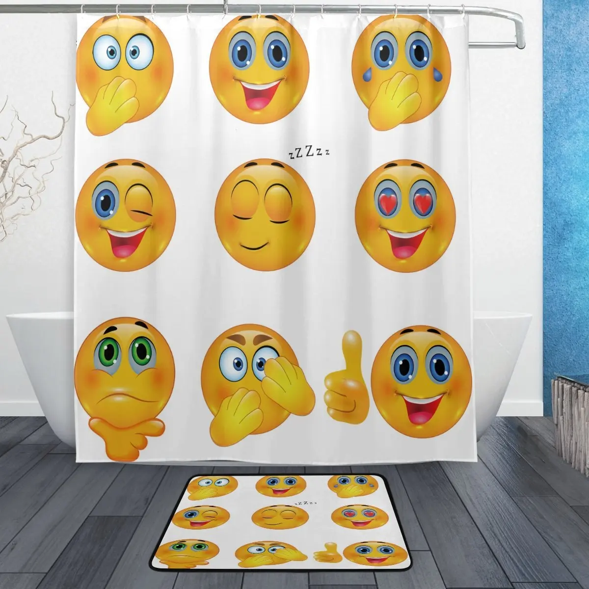 Buy Funny Emoji Shower Curtain and Mat Set, 3D Yellow