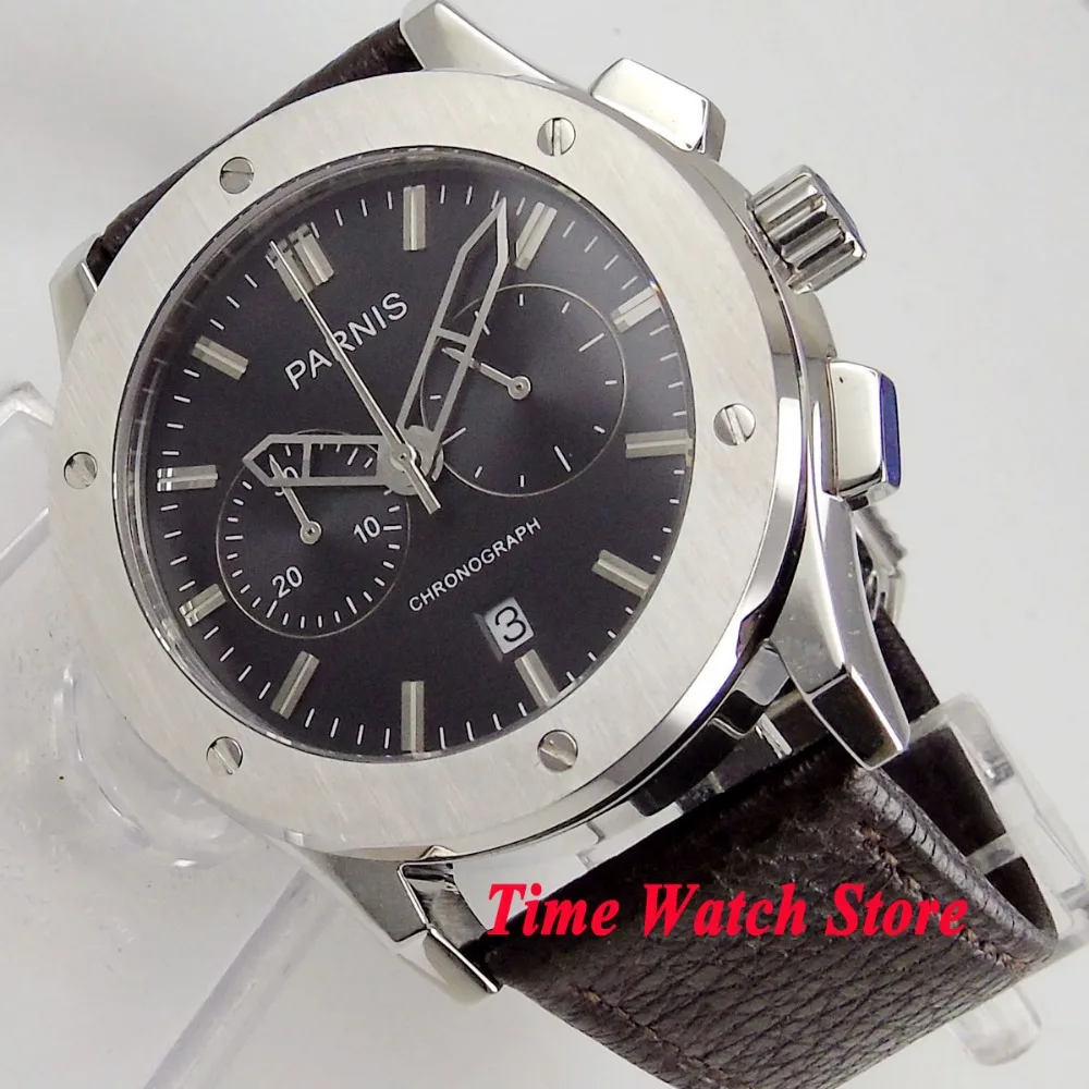 

44mm PARNIS 24 hours chronograph quartz stop wrist watch men waterproof dive pilot steel black dial date leather bracelet 1074