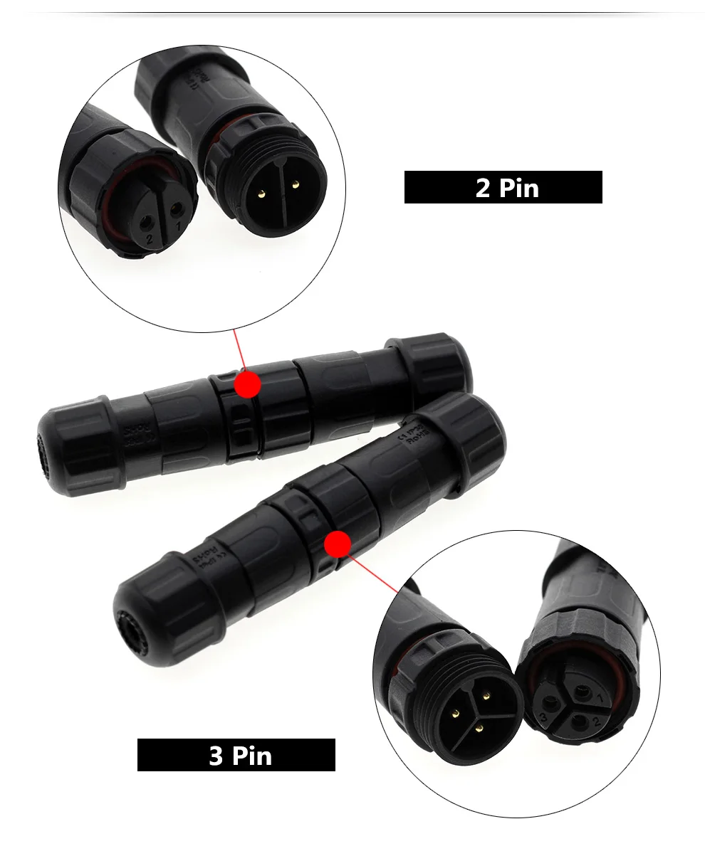 Наружное освещение Разъемы IP67 водонепроницаемый прямой соединитель 2 Pin/3 Pin