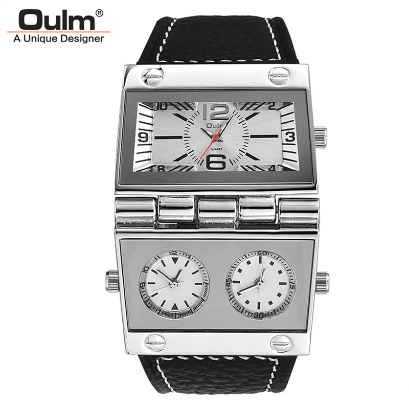 Oulm 2 разных квадратных циферблата часы 3 часовых пояса мужские наручные часы большой размер мужские кварцевые часы уникальная кожа мужские часы Новинка
