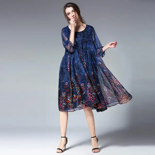 Aliexpress.com : Buy Elegant Floral Print Knee Length Dress Women Loose ...