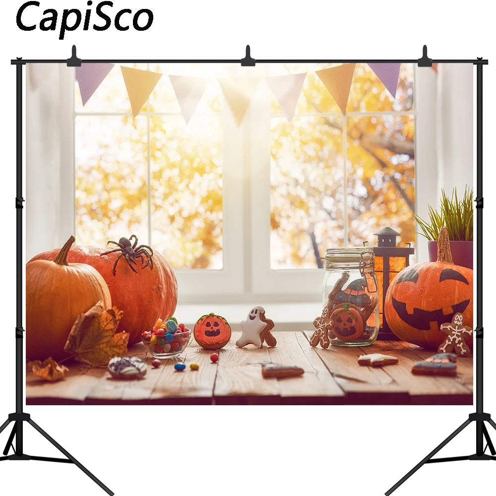 Capisco фоны для фотостудии окна Хэллоуин Декор Крытый вид Тыквы флаг конфеты дети