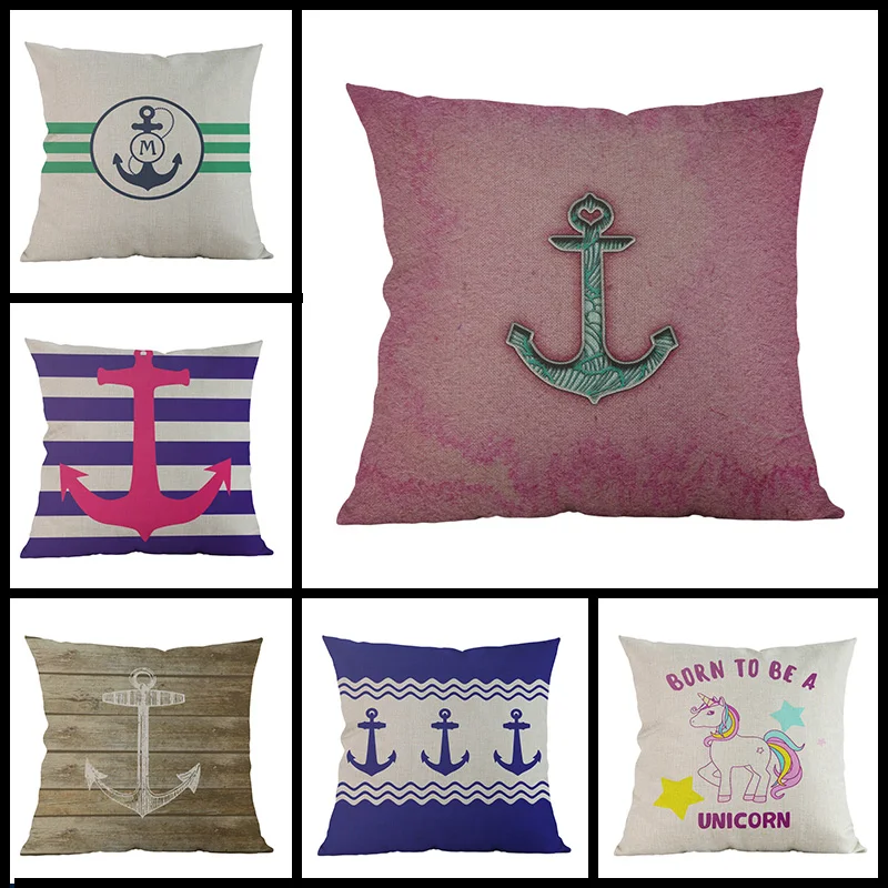 Best Vintage ocean wind cushion cover Pillow cover linen Retro Blue ocean anchor Printed Home sofa Decoration Cushions covers Pillows