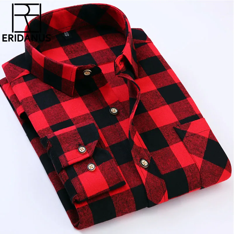 

ERIDANUS Men Plaid Shirts 2017 New Autumn Luxury Slim Long Sleeve High Quality Cotton Business Fashion Men Dress Shirts M505
