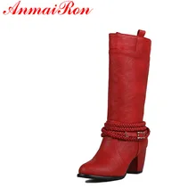 ANMAIRON мотоботы стильные красные ботинки на высоком каблуке круглым носком до середины икры обувь женские зимние ботинки на платформе с заклепкой большого размера 34–43