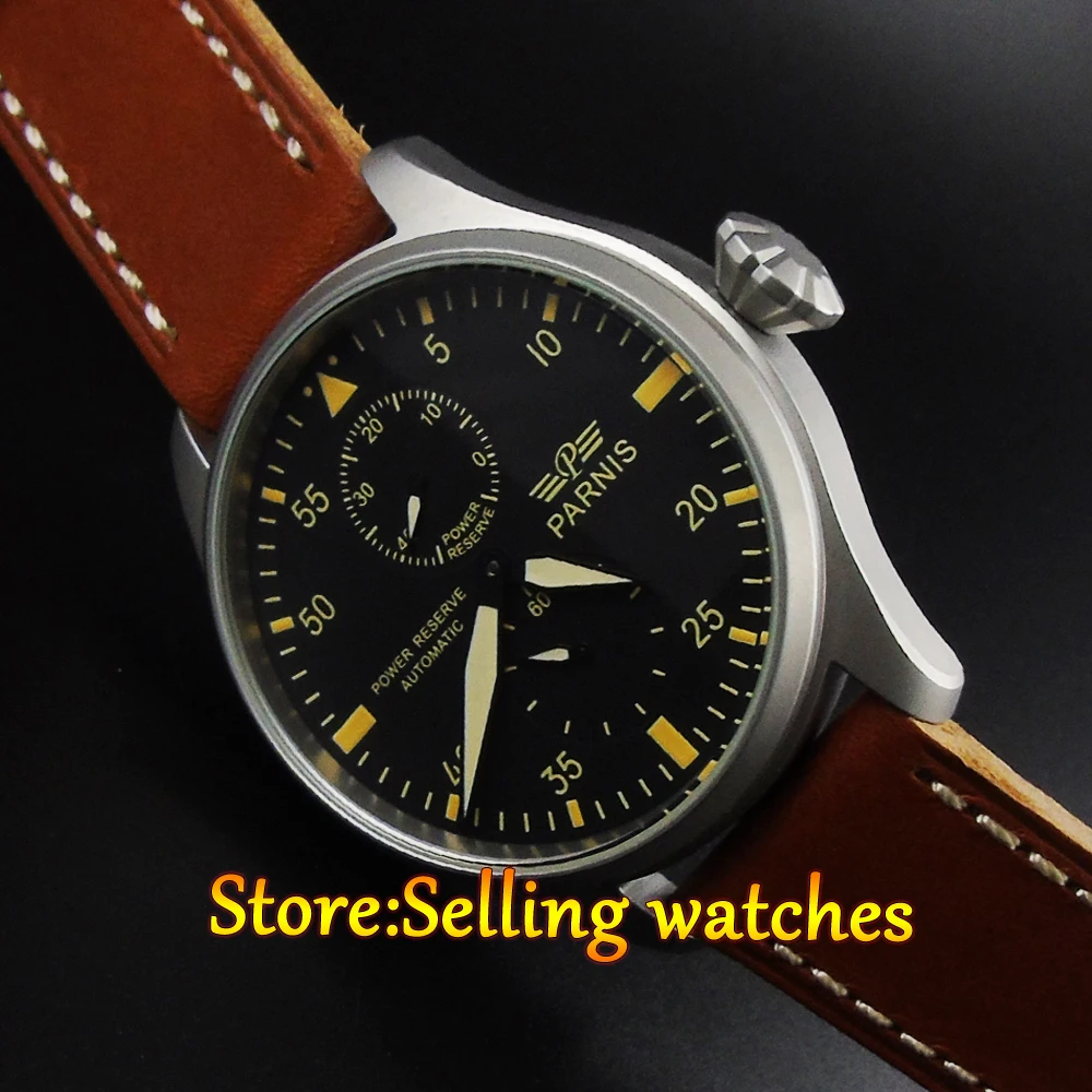 2016 fashion watch Parnis 47mm Power Reserve Sandblast Case Leather Analog Automatic mechanical Mens Watch