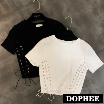 

2019 Summer New Round Neck Short-sleeved Side Braided Lace Small Woman Short Tee For Girls
