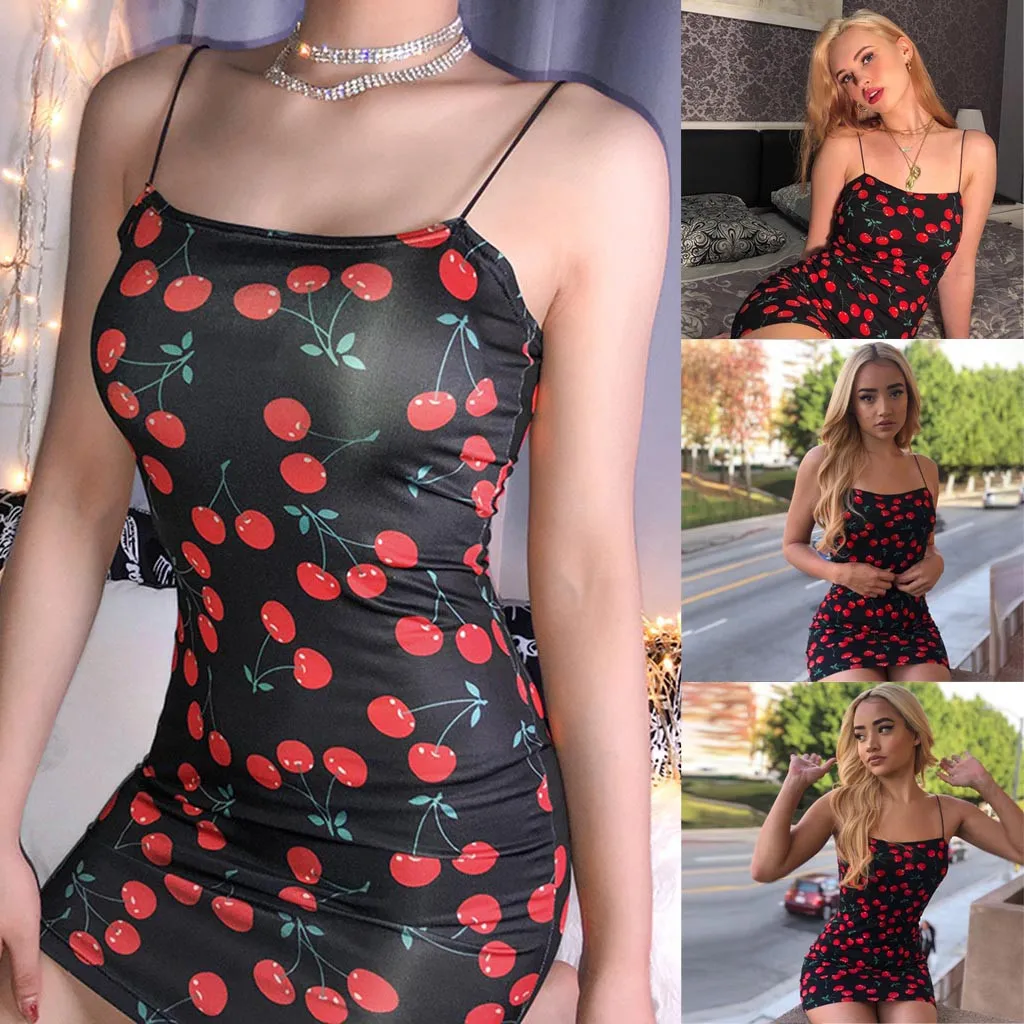 

Sexy Dress Summer Women Fashion Cherry Print Cocktail Sleeveless Bodycon Spaghetti Straps Party Slim Club Dress vestidos verano