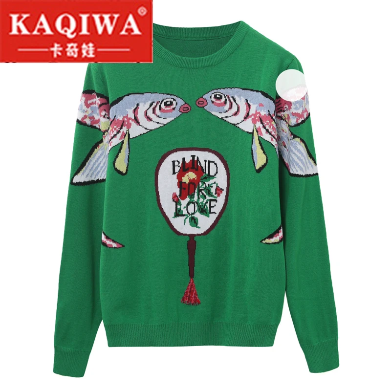 

2018 Autumn Pullovers Women Runway Designer Double Fish Female Ladies Christmas Jumper Clothes Winter Green Knitted Sweaters