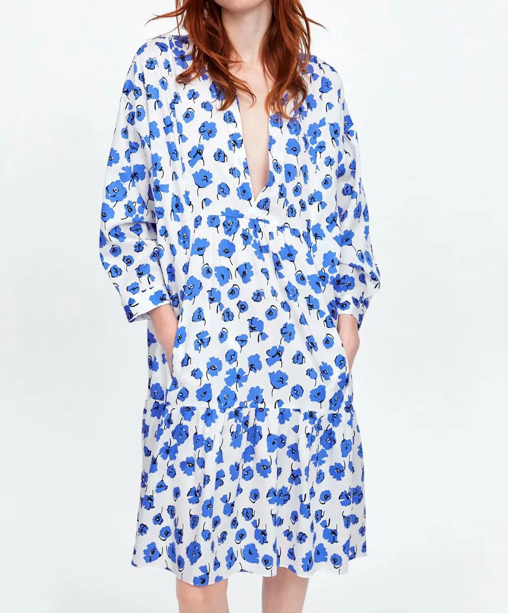 

2019 Women Summer Midi Dress V Neck Long Sleeve Pleated Dress Elegant Chic Floral Print Dresses