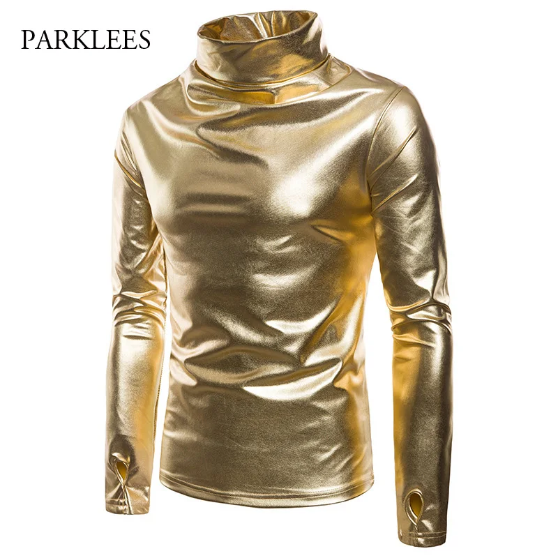 

Sweatshirts Men Shiny Gold Metallic Mens Hoodies New Thumb Sleeve Turtleneck Sudadera Hombre Night Club Streetwear Hip Hop Tops