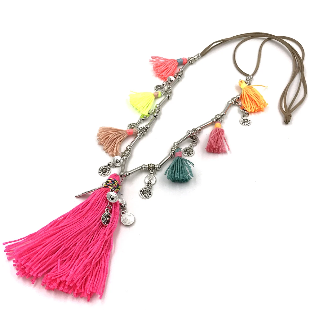2017 New handmade rainbow colorful tassel pendents necklace boho Bohemiam long fringe statement Maxi Necklaces for summer women