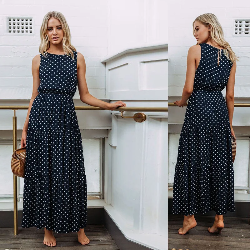 

2019 cross border summer hot style wave point button ladies dress for women