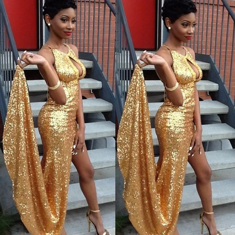 Ballkleider 2016 New Arrival High Side Slit Gold Prom Dress Mermaid Vestidos De Formatura Halter Neck With Sequined Prom Dresses