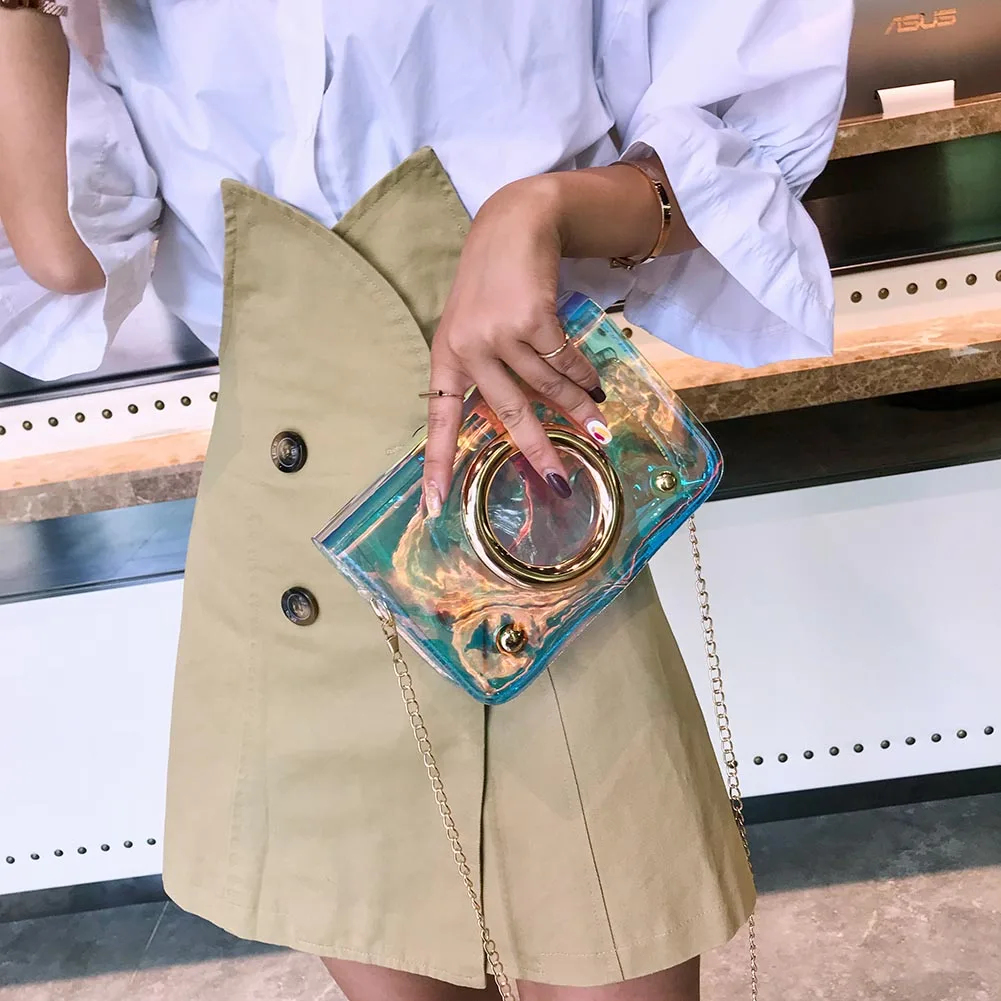 

Women Transparent Single Shoulder Bag Small Rectangle Handbag with Golden Chain Strap KA-BEST