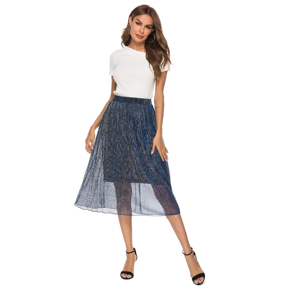 

Sexy Mesh Spliced Striped Bright Bling Tulle Skirt High Waist A-line Mid-Calf Skirts Femme 2019 Women Plus Size S-4XL