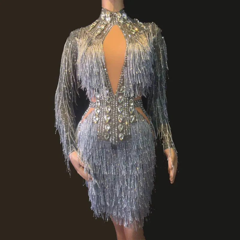 Sexy Tassels Crystals Jumpsuit Female Singer Dancer Legging Costume Big