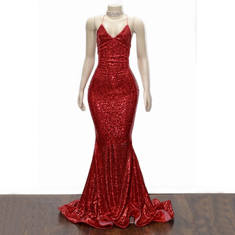 

Sparkly Burgundy Sequin Mermaid Evening Dress 2019 Sexy Backless Halter Little Train Formal Prom Gowns Custom Made Women Dresses