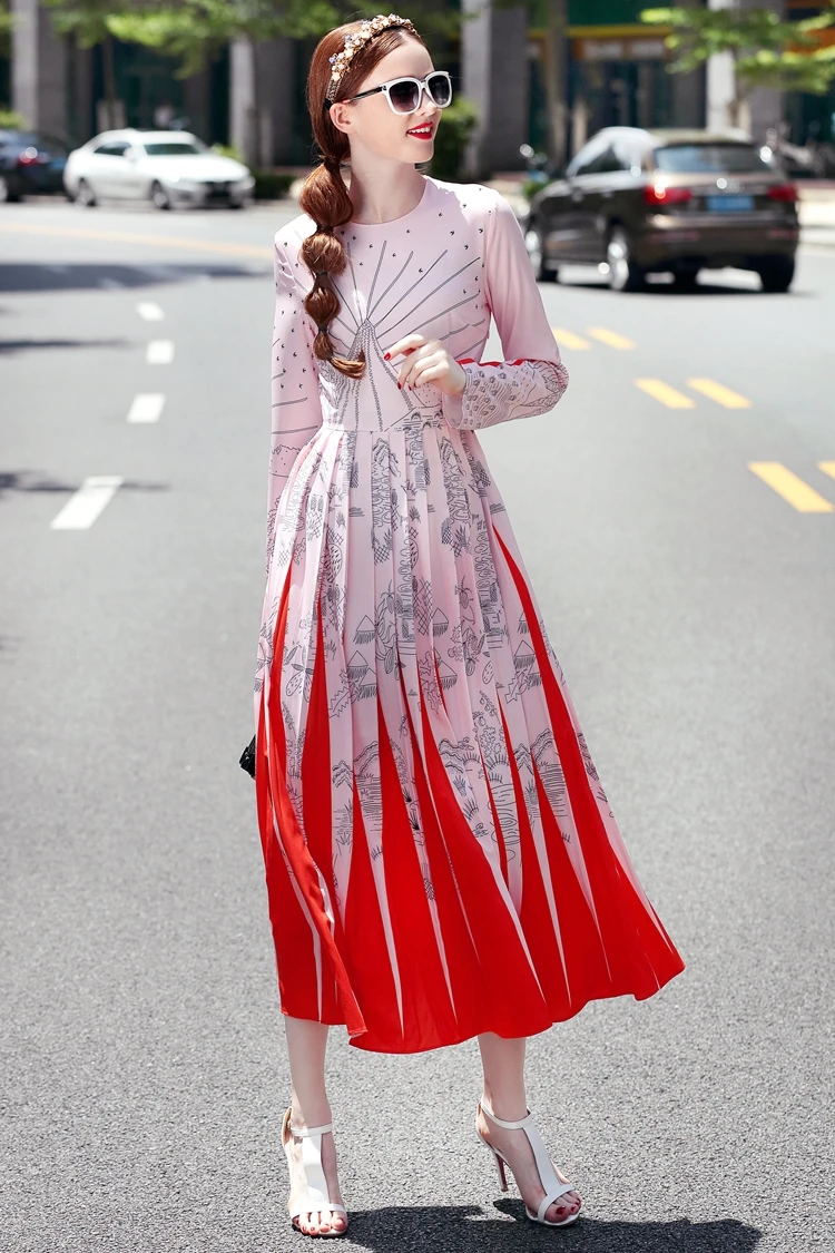 Высокое качество, новинка, дизайнерское осеннее женское модное подиумное Макси платье с длинным рукавом, новинка, принт, плиссированное винтажное длинное платье