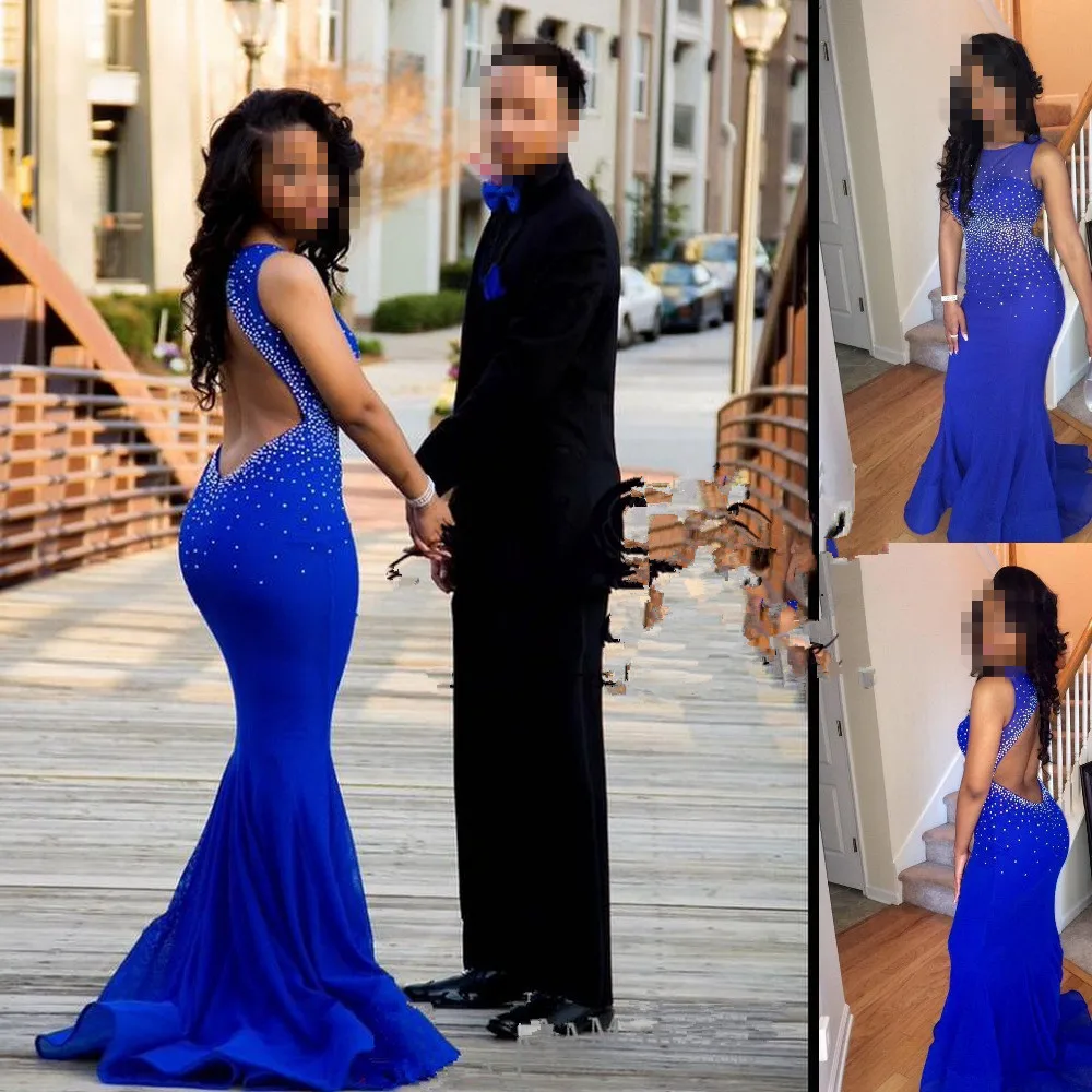 

Sexy prom dress sleeveless Open Back Royal Blue Evening gown Mermaid Beaded party Dress 2016 Vestido fomal prom gown