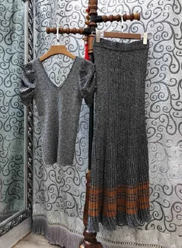

High Quality New 2019 Summer Autumn Sweater Suits Women V-Neck Dark Grey Pullovers+Striped Color Block Knitted Long Skirt Sets